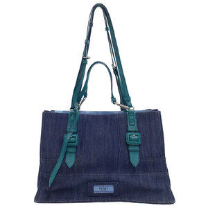 Prada Etiquette denim tote bag dual leather handles blue
